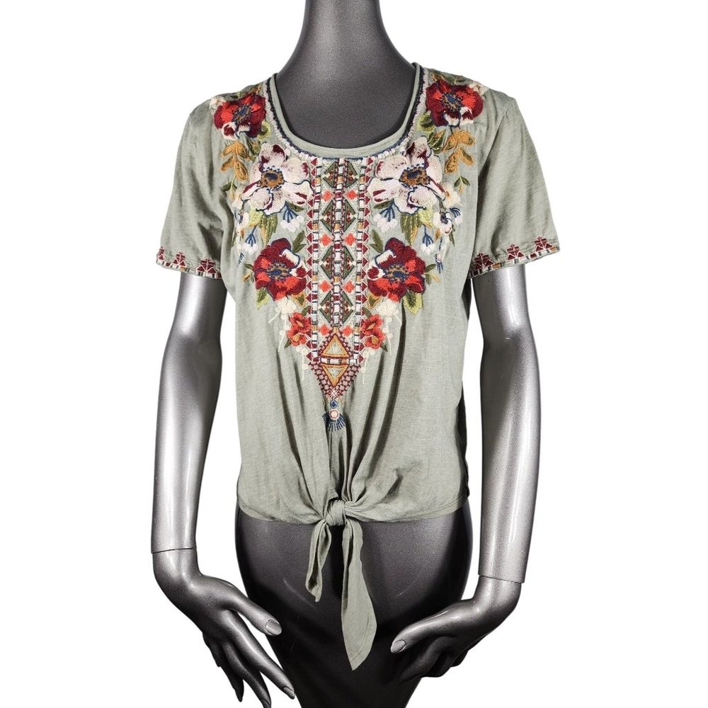 Johnny Was Green Top Small Embroidered Floral Tie Shirt Blouse